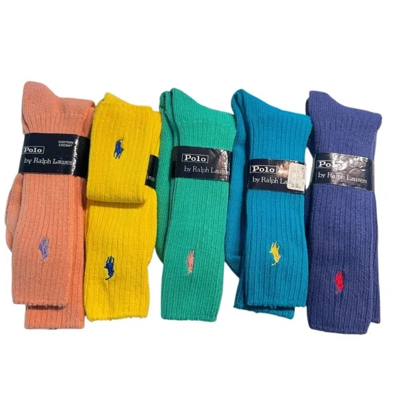 Vtg NOS Polo Ralph Lauren Crew Socks Lot Mens Teal Ribbed Pony Logo 5 Pair Multi - Picture 1 of 10
